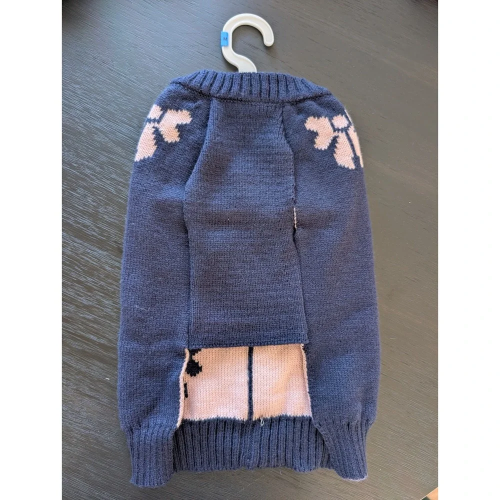 Fluffy Friends Dog Pet Cardigan Sweater Navy Blue Pink Bow Knit Sz M Coquette